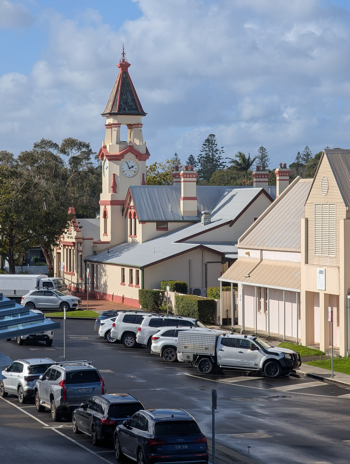 The First Light Pest Management ute parked in central Ballina near the historic clock tower